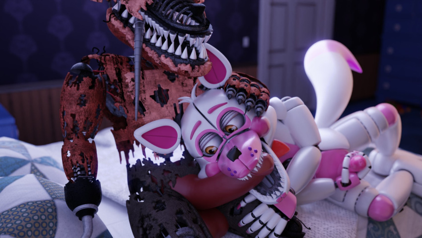 animatronic bed bedroom canid canine claws duo fellatio five_nights_at_freddy's five_nights_at_freddy's_4 fox foxofnightmares foxy_(fnaf) funtime_foxy_(fnaf) funtime_foxy_(fnafsl) furniture hi_res hook_hand humanoid machine male male/male mammal masturbation nightmare_foxy_(fnaf) on_bed oral penile pink_body pirate red_body robot scottgames sex sharp_claws sharp_teeth sister_location sucking teeth tongue tongue_out white_body yellow_eyes
