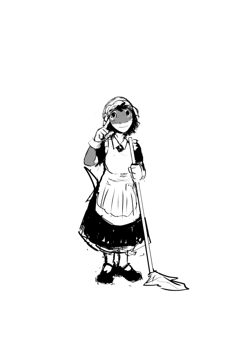 2023 anthro apron cleaning_tool clothing female fish gesture greyscale hi_res hladilnik lonely_shark_(hladilnik) maid_uniform marine monochrome mop pointing pointing_at_self shark sign_language sketch solo uniform