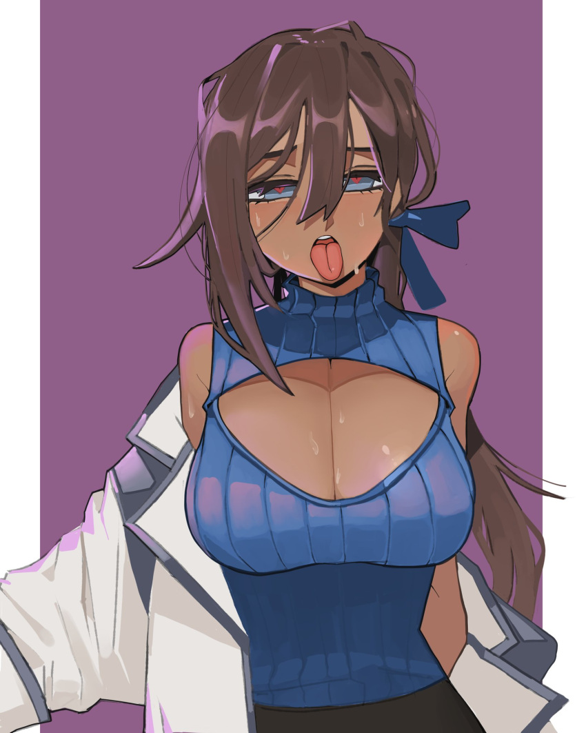 1girl bbizim03 black_survival blue_eyes blue_ribbon blue_sweater blush breasts brown_hair cathy_huggins cleavage cleavage_cutout clothing_cutout coat dark-skinned_female dark_skin eternal_return:_black_survival hair_between_eyes hair_ribbon heart heart-shaped_pupils highres large_breasts long_hair meme_attire off_shoulder open-chest_sweater ribbed_sweater ribbon simple_background sleeveless sleeveless_sweater solo sweat sweater symbol-shaped_pupils tongue tongue_out turtleneck turtleneck_sweater white_coat