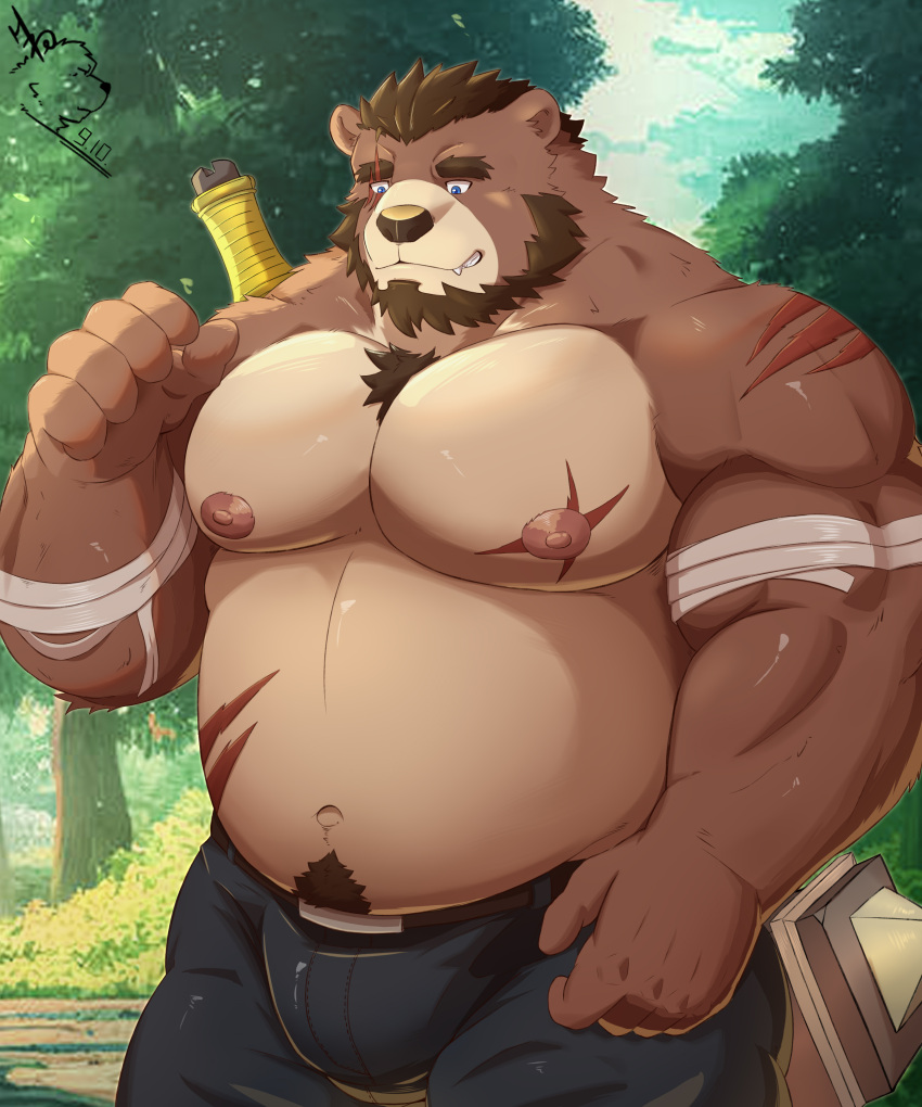 2023 absurd_res anthro bandage bear belly big_belly bottomwear clothing detailed_background hfengfffff hi_res kemono male mammal musclegut nipples outside overweight overweight_male pants solo weapon