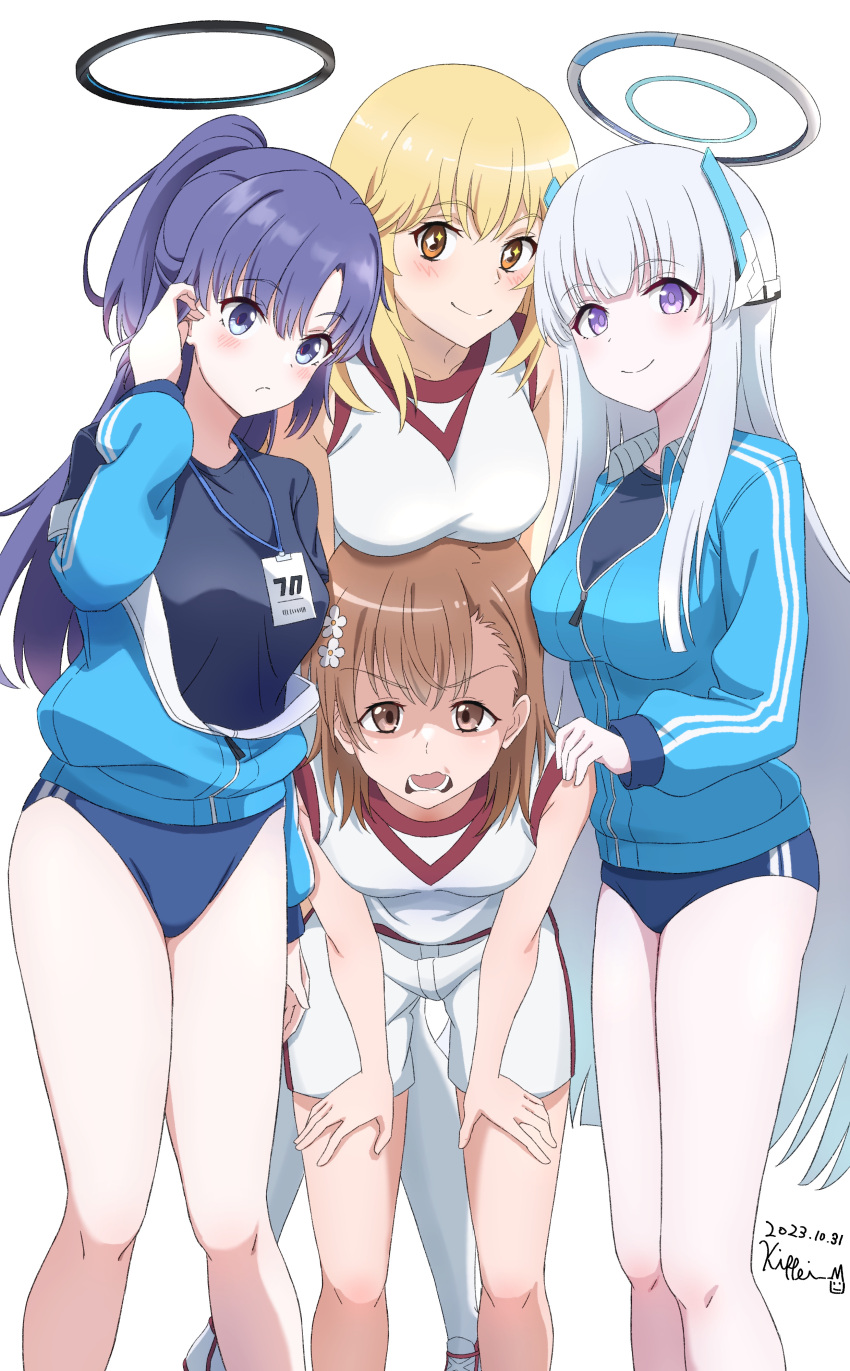 4girls absurdres adjusting_hair black_shirt blonde_hair blue_archive blue_buruma blue_jacket breast_rest breasts breasts_on_head brown_eyes brown_hair buruma commentary_request dated grey_hair gym_shirt gym_shorts gym_uniform hair_behind_ear hair_ornament hairpin halo hand_on_another's_shoulder hands_on_own_thighs highres id_card jacket jacket_partially_removed kippei large_breasts leaning_forward long_hair looking_at_viewer medium_hair misaka_mikoto multiple_girls no_emblem noa_(blue_archive) official_alternate_costume partially_unzipped ponytail purple_eyes purple_hair red_trim revision shaded_face shirt shokuhou_misaki short_shorts shorts signature sleeveless sleeveless_shirt smile sparkling_eyes standing toaru_kagaku_no_railgun toaru_majutsu_no_index tokiwadai_school_gym_uniform track_jacket very_long_hair white_shirt white_shorts yuuka_(blue_archive) yuuka_(track)_(blue_archive)