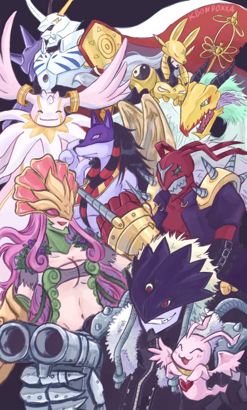 absurd_res anthro anubismon armor banchostingmon bandai_namco beelzemon cape ceresmon_medium cherubimon cherubimon_(good) clothing digimon digimon_(species) digimon_survive female group gun hair headgear helmet herm hi_res horn humanoid intersex kbondoxxa knight long_hair male marineangemon navel omnimon ranged_weapon sakuyamon varodurumon warrior weapon