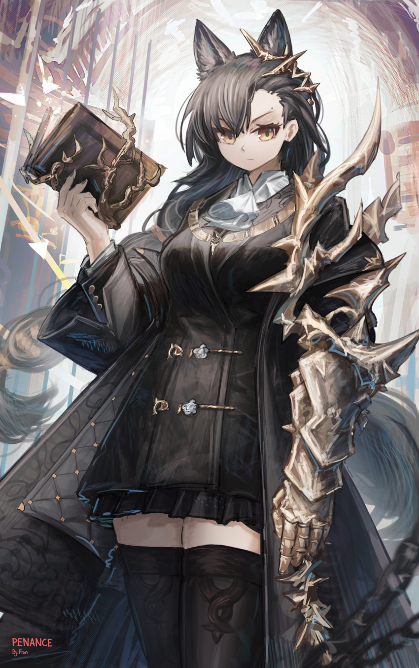 1girl absurdres animal_ears arknights ascot black_coat black_skirt black_thighhighs book breasts brown_eyes brown_hair chain coat cowboy_shot extra_ears franlol gauntlets highres holding holding_book layered_sleeves long_hair long_sleeves looking_at_viewer medium_breasts mole mole_above_mouth off_shoulder open_clothes open_coat penance_(arknights) single_gauntlet skirt solo thighhighs v-shaped_eyebrows very_long_hair white_ascot wolf_ears wolf_girl