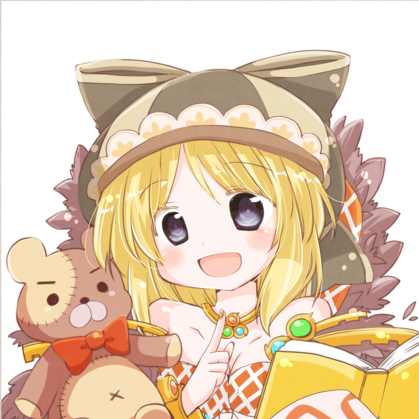 1girl :d argyle argyle_dress black_eyes blonde_hair blush book breasts brown_headwear cleavage commentary_request fingernails fur_collar futami_yayoi hat highres holding holding_book long_hair looking_at_viewer medium_bangs open_mouth ragnarok_online simple_background smile solo sorcerer_(ragnarok_online) stuffed_animal stuffed_toy teddy_bear teddy_bear_(ragnarok_online) upper_body white_background