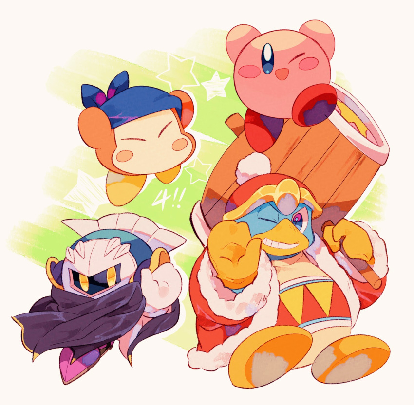 ;d armor armored_boots arms_up bandana bandana_waddle_dee blue_bandana blue_eyes blush blush_stickers boots cape closed_eyes coat commentary_request duplicate fur-trimmed_coat fur-trimmed_sleeves fur_trim gloves green_background grin hammer hat highres holding holding_hammer king_dedede kirby kirby_(series) long_sleeves looking_at_viewer mask meta_knight no_humans one_eye_closed open_clothes open_coat open_mouth pixel-perfect_duplicate purple_cape purple_footwear red_coat red_headwear shoulder_armor simple_background smile star_(symbol) teeth tokuura white_background white_gloves yellow_eyes yellow_gloves