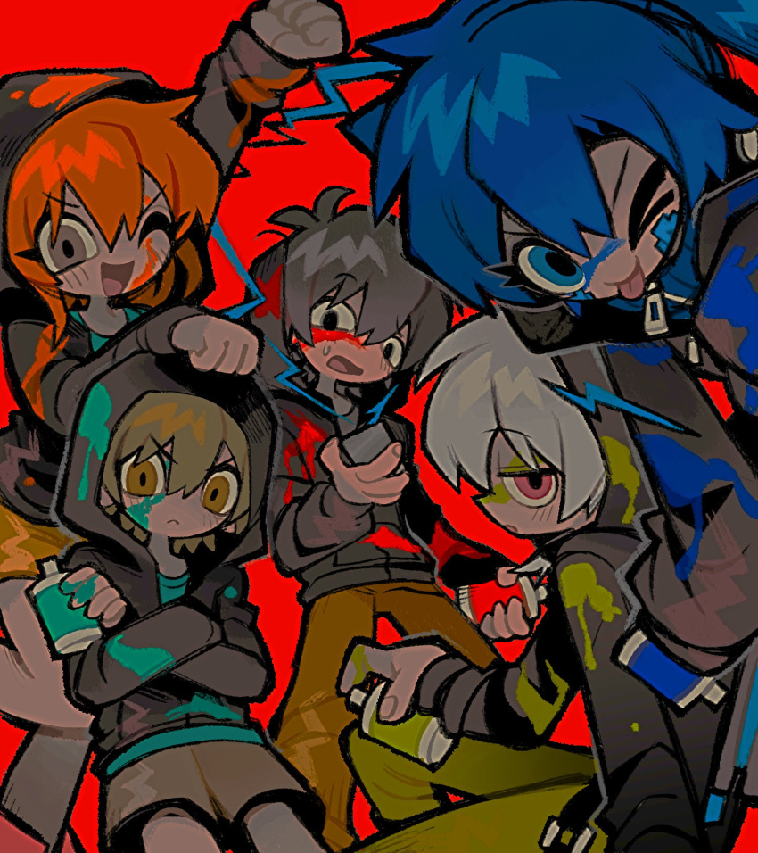 &gt;_o 2girls 3boys :p amamiya_hibiya black_eyes black_hair black_jacket blonde_hair blush brown_shorts can closed_mouth crossed_arms daze_(kagerou_project) ene_(kagerou_project) fingernails graffiti highres holding holding_can hood hood_up hooded_jacket jacket kagerou_project kisaragi_momo kisaragi_shintarou konoha_(kagerou_project) long_sleeves looking_at_viewer multiple_boys multiple_girls one_eye_closed orange_hair pink_eyes red_background shorts simple_background smile tongue tongue_out tonkatsu184 white_hair yellow_eyes