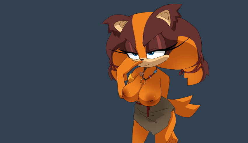 2023 absurd_res anthro areola badger big_areola big_breasts big_nipples blue_eyes breasts brown_body clothed clothing dr._pizza_boi female hi_res mammal multicolored_body mustelid musteline nipples orange_body sega simple_background solo sonic_boom sonic_the_hedgehog_(series) sticks_the_jungle_badger topless topless_anthro topless_female two_tone_body