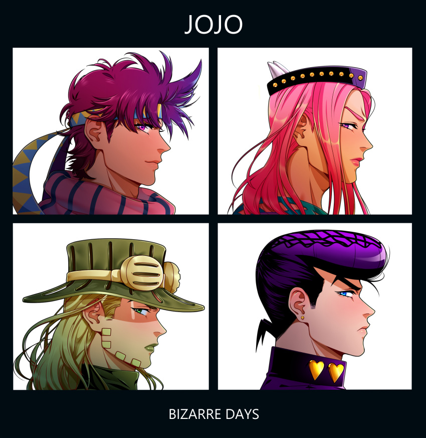 4boys battle_tendency blonde_hair blue_eyes cowboy_hat demon_days_(gorillaz) diamond_wa_kudakenai earrings fake_horns goggles goggles_on_headwear gorillaz gyro_zeppeli hat headband higashikata_josuke highres horned_headwear horns jewelry jojo_no_kimyou_na_bouken joseph_joestar joseph_joestar_(young) long_hair male_focus multiple_boys narciso_anasui parody pink_eyes pink_hair pompadour profile purple_eyes purple_hair steel_ball_run stone_ocean stud_earrings tariah_furlow v-shaped_eyebrows