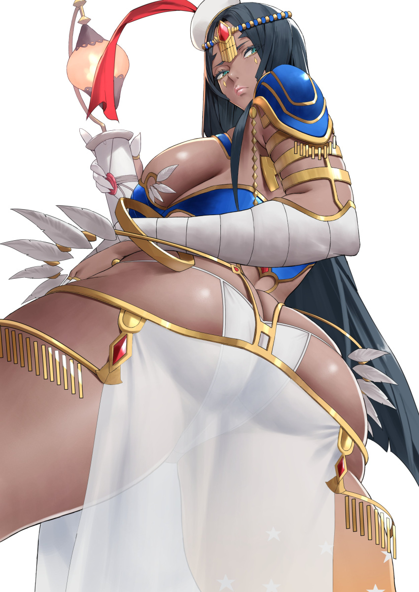 1girl absurdres arm_wrap armlet armor ass back bandaged_arm bandages black_hair blue_armor bracelet breasts circlet dark-skinned_female dark_skin facial_mark fate/grand_order fate_(series) feathers forehead_jewel green_eyes hat highres jewelry large_breasts long_hair looking_at_viewer looking_back parted_bangs pauldrons pelvic_curtain scheherazade_(fate) scroll shoulder_armor solo staff thighs yoshio_(55level)