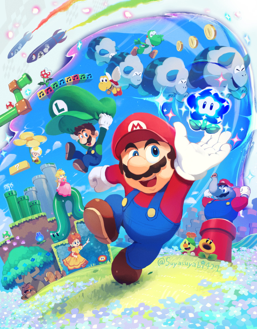 1-up_mushroom 2girls 3boys absurdres block_(object) blonde_hair blue_eyes blue_overalls brown_footwear brown_hair bullet_bill coin cum day dress elephant_mario facial facial_hair fire_flower gloves gold_coin goomba green_shirt highres jumping koopa_troopa long_hair luigi mario mario_(series) midair multiple_boys multiple_girls mustache outdoors overalls pink_dress piranha_plant princess_daisy princess_peach puffy_short_sleeves puffy_sleeves red_headwear red_shirt running shirt short_hair short_sleeves suyasuyabi warp_pipe white_gloves yellow_dress yoshi