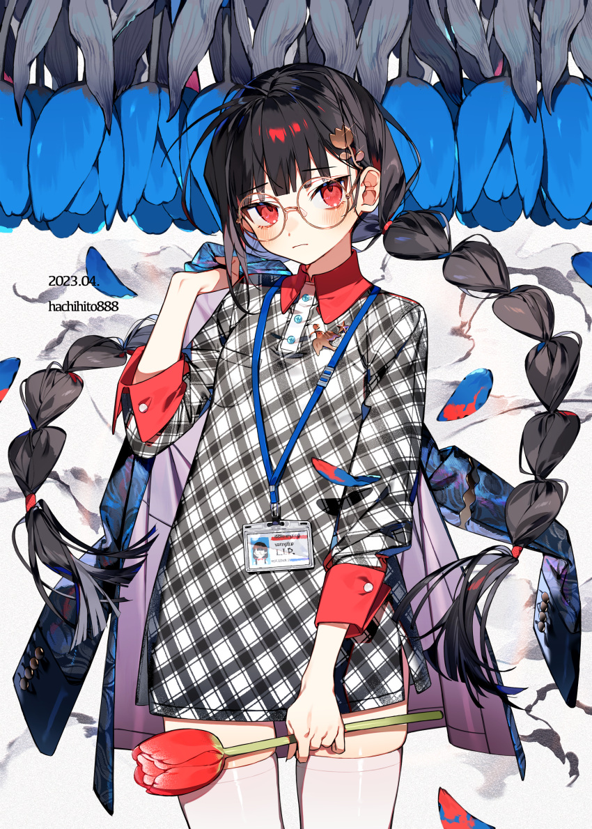 1girl absurdres artist_name black_hair blue_jacket blue_tulip blunt_bangs blush braid breast_pocket buttoned_cuffs buttons closed_mouth collared_dress cowboy_shot dated dress flat_chest flower glasses hachihito hair_flower hair_ornament hand_up highres holding holding_clothes holding_flower holding_jacket id_card jacket jacket_over_shoulder jacket_removed long_hair looking_at_viewer low_twin_braids original petals plaid plaid_dress pocket red_eyes red_flower red_tulip round_eyewear short_dress single_sidelock skindentation sleeve_cuffs sleeves_past_elbows solo standing thighhighs tulip twin_braids very_long_hair white_thighhighs zettai_ryouiki