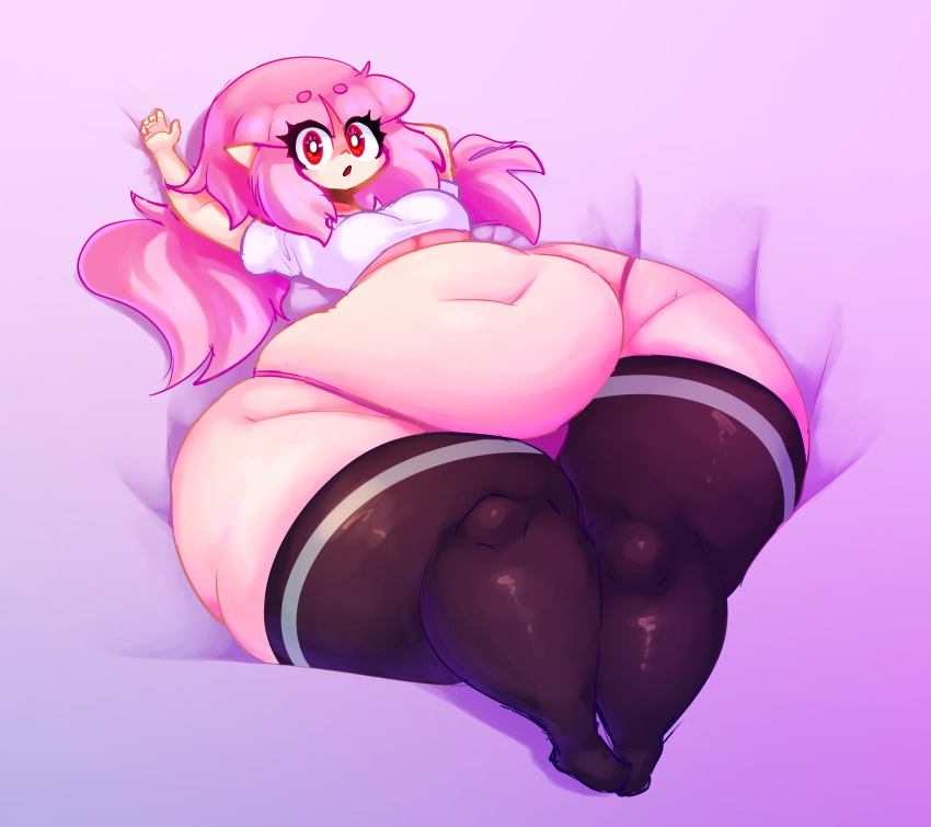 belly big_belly big_breasts breasts elise_(mysterydad) female hair hi_res huge_thighs humanoid humanoid_pointy_ears hyper hyper_thighs looking_at_viewer lying mysterydad navel not_furry on_back open_mouth overweight overweight_female overweight_humanoid pink_hair red_eyes solo thick_thighs under_boob vampire wide_hips