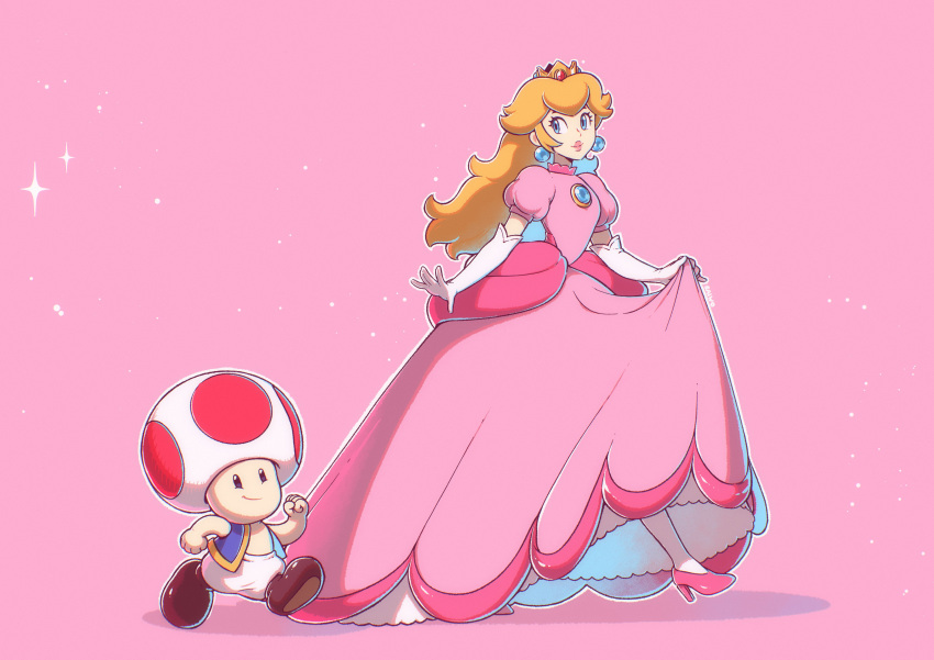 1boy 1girl absurdres blonde_hair blue_eyes blue_vest boots brooch brown_footwear clenched_hands crown dress earrings elbow_gloves full_body gloves high_heels highres jewelry light_smile long_hair mario_(series) pink_background pink_dress pink_footwear princess_peach puffy_short_sleeves puffy_sleeves red_toad_(mario) saiwo_(saiwoproject) short_sleeves simple_background sphere_earrings toad_(mario) vest white_gloves