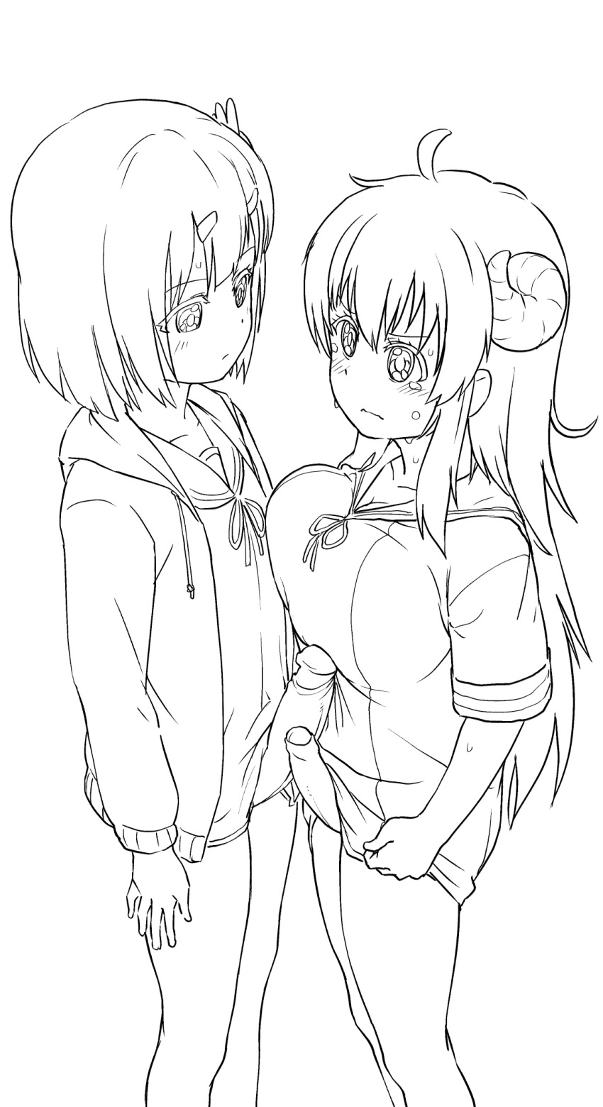 2girls bare_legs blush bottomless breasts calpara chiyoda_momo collarbone cowlick erection foreskin futa_with_futa futanari hair_ornament hairclip height_difference highres hood hoodie horns jacket large_breasts large_penis lineart long_hair long_sleeves machikado_mazoku medium_hair monochrome multiple_girls multiple_penises non-web_source penis penis_size_difference penises_touching phimosis sailor_collar school_uniform short_hair short_sleeves small_breasts small_penis small_penis_humiliation sweater tears very_long_hair white_background yoshida_yuuko_(machikado_mazoku)