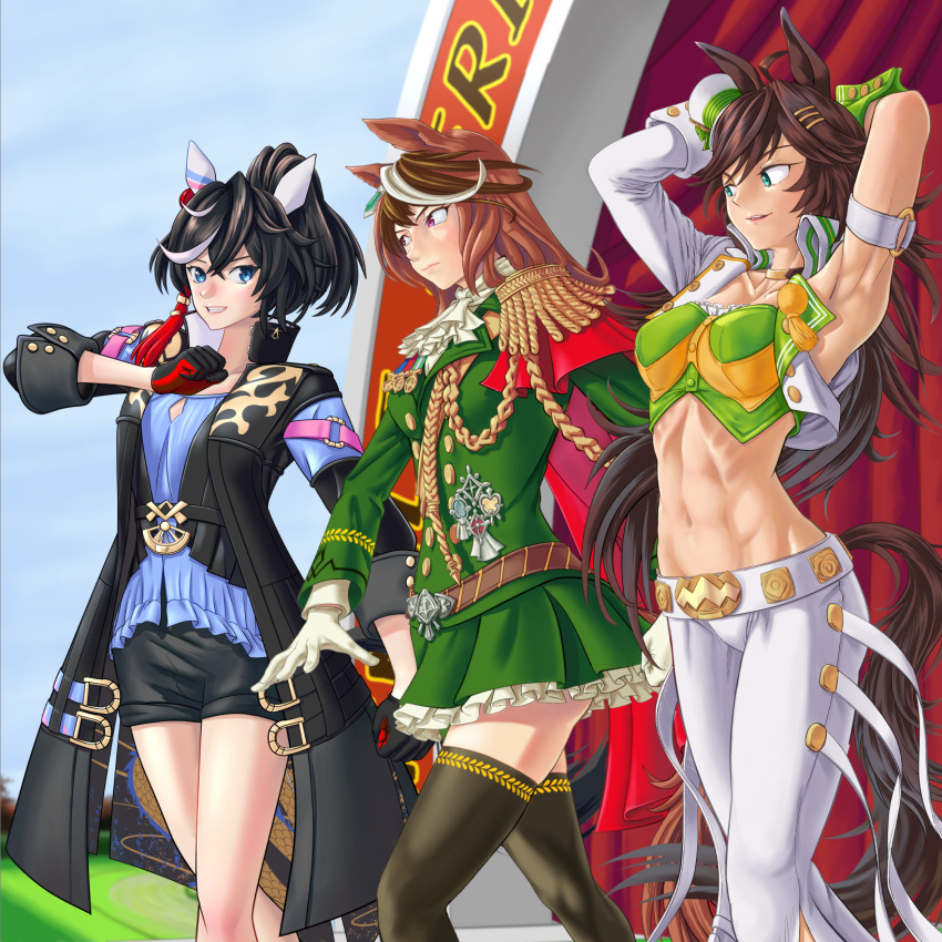 3girls animal_ears armpits arms_behind_head arms_up bangs black_coat black_gloves black_hair black_shorts black_thighhighs blue_eyes blue_shirt blue_sky breasts brown_hair character_request choker coat commentary_request cowboy_shot crop_top cropped_jacket day epaulettes feet_out_of_frame fukami_(trash_sp) gloves green_eyes green_jacket green_shirt green_skirt grin hat high_collar highres horse_ears jacket long_hair long_sleeves medium_breasts midriff mini_hat miniskirt mr._c.b._(umamusume) multiple_girls navel open_clothes open_coat open_jacket outdoors pants parted_lips ponytail purple_eyes ribs shirt short_shorts shorts single_sleeve skirt sky smile standing stomach strapless strapless_shirt symboli_rudolf_(umamusume) tail thighhighs thighs umamusume very_long_hair white_gloves white_headwear white_jacket white_pants