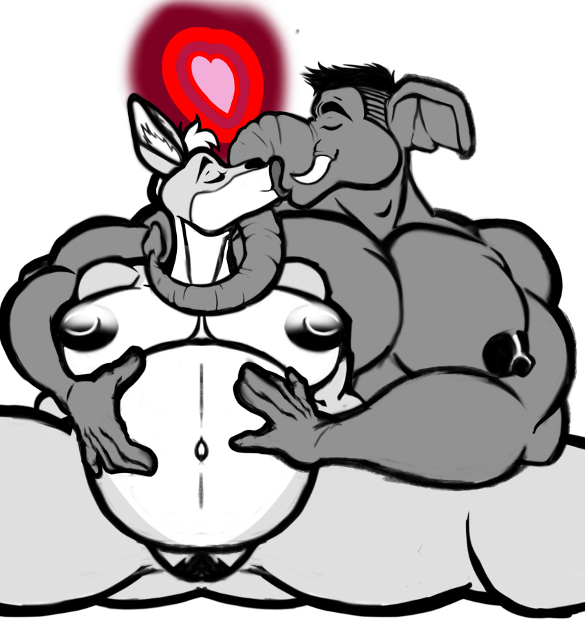 &lt;3 2023 absurd_res after_sex anthro areola bartholomew_martins belly belly_rub big_belly big_breasts big_pecs black_hair black_nipples breasts brunkdutt butt cuddling digital_drawing_(artwork) digital_media_(artwork) duo elephant elephantid embrace eyes_closed female genitals grey_body grey_skin greyscale hair hands_on_stomach hi_res hug kangaroo kissing lips macropod male male/female mammal marsupial monochrome muscular muscular_anthro muscular_female muscular_male navel nipples nude open_mouth pecs pregnant pregnant_anthro pregnant_female proboscidean proboscis_(anatomy) psbaradungeon pubes pussy romantic simple_background sitting smile spread_legs spreading thick_lips thick_thighs trunk trunk_(anatomy) tusks valentine_roo wide_hips