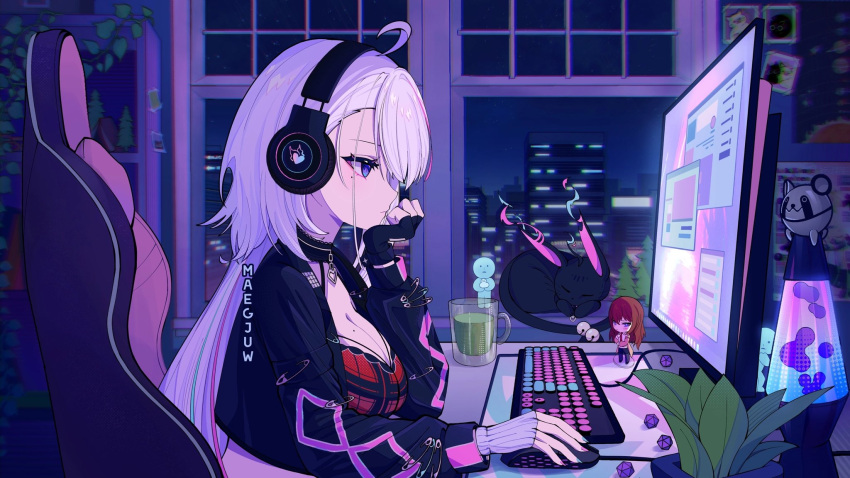 2girls ahoge animal artist_name asymmetrical_gloves bell black_choker black_gloves black_jacket blue_eyes bra breasts building chair choker cityscape cropped_jacket cup dice ember_amane figure fingerless_gloves from_side gaming_chair gloves green_tea grey_hair hand_on_own_chin headphones heart heart_choker highres holding_mouse_(computer) jacket keyboard_(computer) lava_lamp lofi_girl lofi_girl_(youtube) long_hair maegjuw makise_kurisu mismatched_gloves mole mole_on_breast mole_under_eye monitor mouse_(computer) multicolored_hair multiple_girls night official_art phase_connect picture_(object) plaid plaid_bra plant poster_(object) safety_pin solar_system steins;gate streaked_hair swivel_chair tea underwear upper_body window