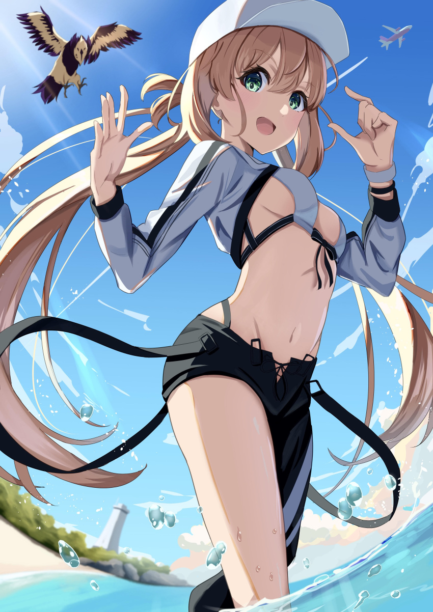 1girl absurdres aircraft airplane animal artoria_caster_(fate) artoria_caster_(swimsuit)_(fate) artoria_pendragon_(fate) asymmetrical_clothes baseball_cap beach bikini bird black_pants blue_sky breasts cloud commentary_request cropped_jacket fate/grand_order fate_(series) green_eyes hair_between_eyes hat highres jacket long_hair long_sleeves looking_at_viewer medium_breasts navel open_mouth outdoors pants partially_submerged pizakame sand single_pantsleg sky smile solo stomach sunlight swimsuit very_long_hair water white_bikini white_headwear white_jacket