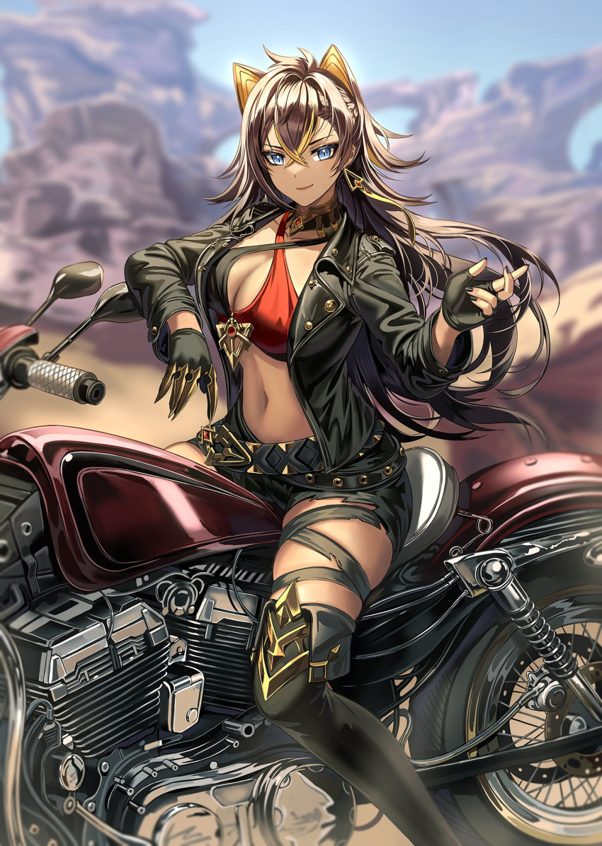 1girl bangs black_footwear black_gloves black_hair black_jacket black_nails blonde_hair blue_eyes blurry boots breasts cleavage closed_mouth dehya_(genshin_impact) depth_of_field earrings fingerless_gloves foot_out_of_frame genshin_impact gloves highres jacket jewelry large_breasts leather leather_jacket long_hair long_sleeves looking_at_viewer motor_vehicle motorcycle multicolored_hair nail_polish navel on_motorcycle open_clothes open_jacket outdoors silence_girl sitting smile solo streaked_hair thigh_boots thighs