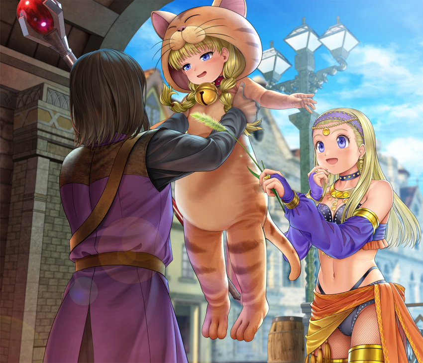 1boy 2girls animal_costume animal_ears animal_hood bell belt bikini black_bikini black_hair black_shirt blonde_hair blue_eyes braid bridal_gauntlets carrying carrying_person cat_costume cat_ears cat_hood cat_tail choker circlet cloud collar detached_sleeves dragon_quest dragon_quest_xi fake_animal_ears fake_tail fishnet_pantyhose fishnets gem hairband hand_to_own_mouth harem_outfit hero_(dq11) highres hood jewelry lamppost lifting_person long_hair multiple_girls mutsuki_(moonknives) navel open_mouth orange_sarong outdoors pantyhose purple_shirt purple_sleeves sarong senya_(dq11) shirt short_hair siblings sisters sky smile swimsuit tail thighlet thighs twin_braids twintails veronica_(dq11) wand