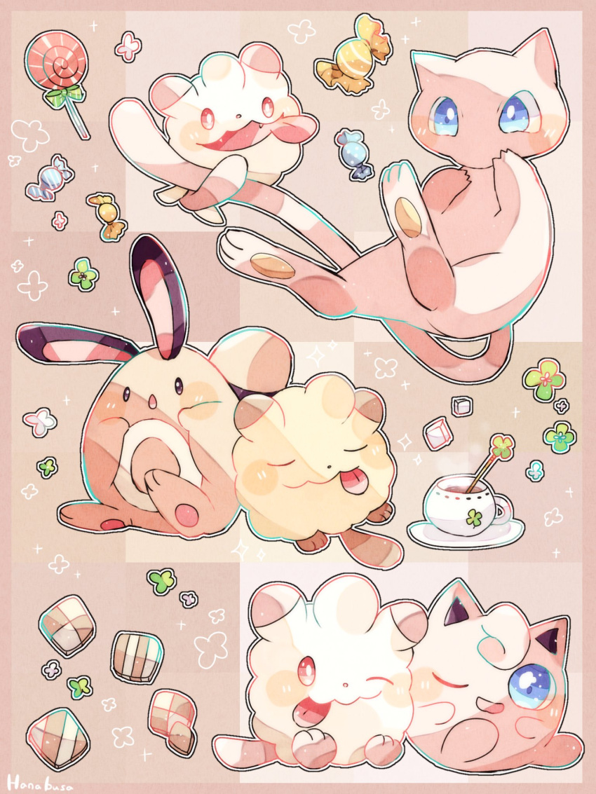 :o animal_focus artist_name blue_eyes candy clover colored_skin cup fang food four-leaf_clover hanabusaoekaki highres jigglypuff lollipop mew_(pokemon) no_humans one_eye_closed pawpads pink_background pink_skin pokemon pokemon_(creature) sentret sparkle sugar_cube swirlix tea teacup tongue tongue_out