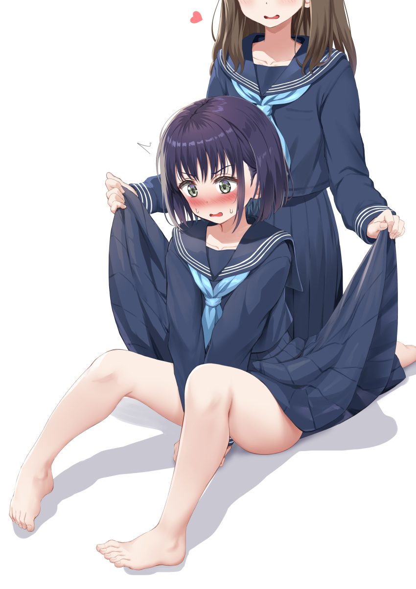 2girls ^^^ absurdres barefoot between_legs blue_neckerchief blue_sailor_collar blue_serafuku blue_shirt blue_skirt blush brown_hair clothes_lift green_eyes hand_between_legs head_out_of_frame heart highres kneeling knees_up lifted_by_another multiple_girls neckerchief nedia_(nedia_region) nose_blush open_mouth original pleated_skirt purple_hair sailor_collar school_uniform serafuku shadow shirt simple_background sitting skirt skirt_lift sweat v-shaped_eyebrows wavy_mouth white_background