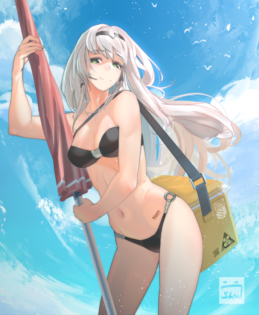 absurdres an-94_(girls'_frontline) aqua_hair barcode barcode_tattoo beach_umbrella bikini black_bikini cooler girls'_frontline hairband highres holding holding_umbrella long_hair o-ring o-ring_bikini shu70077 swimsuit tattoo umbrella