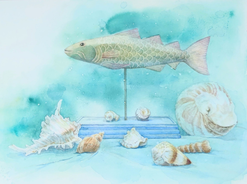 fish highres no_humans nori02222 original painting_(medium) sculpture seashell shell statue still_life traditional_media watercolor_(medium)