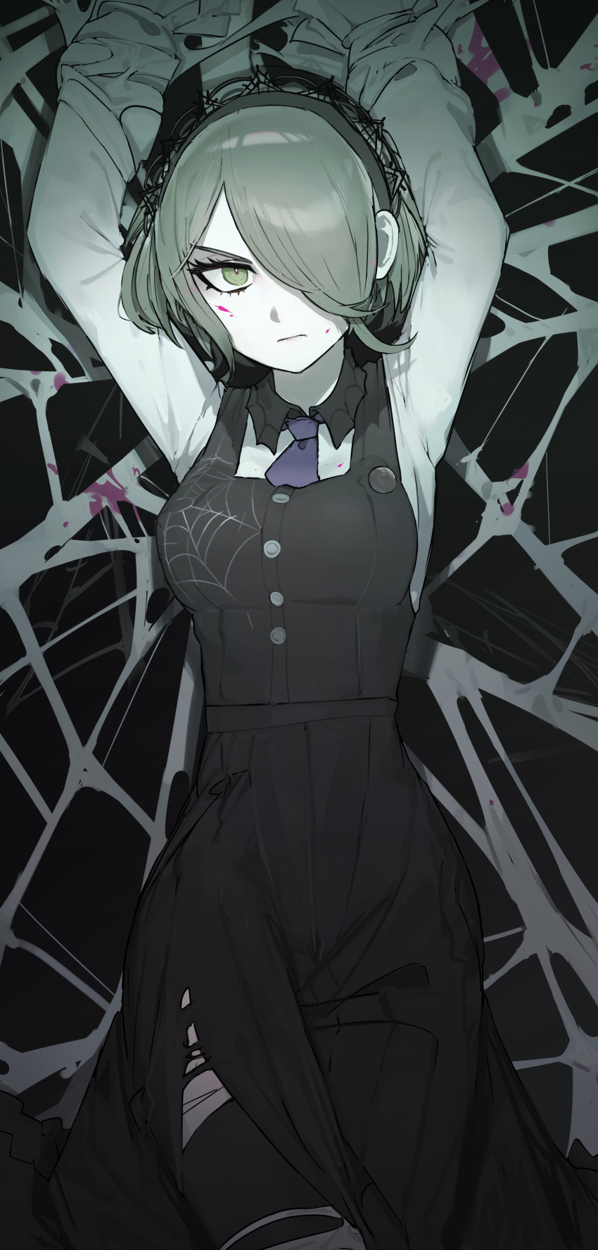 1girl absurdres arms_up black_background black_dress breasts collared_shirt cowboy_shot danganronpa_(series) danganronpa_v3:_killing_harmony dress frown gradient_background green_eyes green_hair grey_shirt highres large_breasts looking_at_viewer maid_headdress necktie pale_skin purple_necktie restrained shirt short_hair silk solo spider_web thighhighs tojo_kirumi torn_clothes torn_thighhighs toufu_(tofu_prprpr) white_shirt