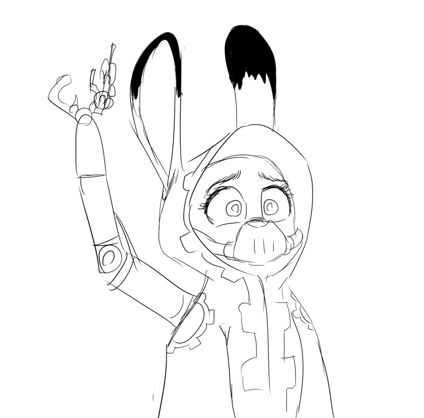 anthro cybernetics disney ears_up female hi_res hood judy_hopps lagomorph leporid line_art machine mammal mask monochrome rabbit simple_background solo spoof_(artist) warhammer_(franchise) white_background zootopia