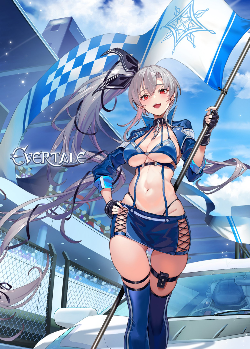 1girl blue_sky breasts checkered_flag clarice_(evertale) cleavage cloud cloudy_sky collar commentary_request copyright_name cropped_jacket cuboon day evertale fingerless_gloves flag gloves grey_hair highleg highleg_panties highres jacket logo long_hair medium_breasts miniskirt navel official_art open_clothes open_jacket open_mouth outdoors panties polearm ponytail race_queen race_vehicle red_eyes side_ponytail simple_background skirt sky smile solo stomach teeth thigh_strap thighhighs underwear upper_teeth_only weapon