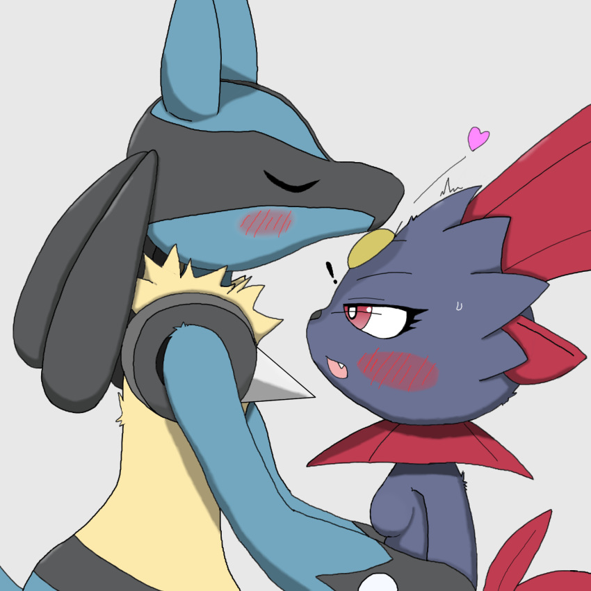 &lt;3 1:1 anthro duo eyes_closed female generation_4_pokemon hi_res interspecies kiss_on_forehead kissing lucario male male/female nintendo pokemon pokemon_(species) side_view simple_background surprise_kiss weavile zk_(artist)