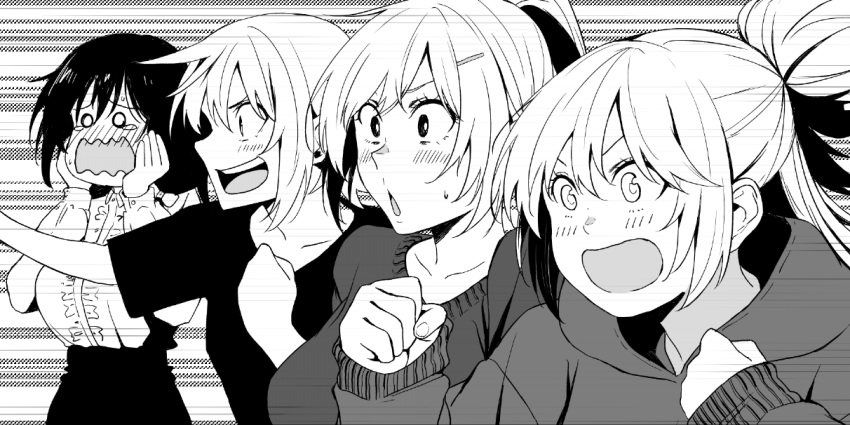 4girls aqua_(konosuba) blush center_frills chris_(konosuba) clenched_hands collarbone darkness_(konosuba) frills gaijin_4koma_(meme) greyscale hair_ornament hairclip hands_up izawa_(bhive003) kono_subarashii_sekai_ni_shukufuku_wo! long_hair long_sleeves meme monochrome multiple_girls open_mouth ponytail shirt_tucked_in short_hair short_sleeves skirt surprised sweater yunyun_(konosuba)