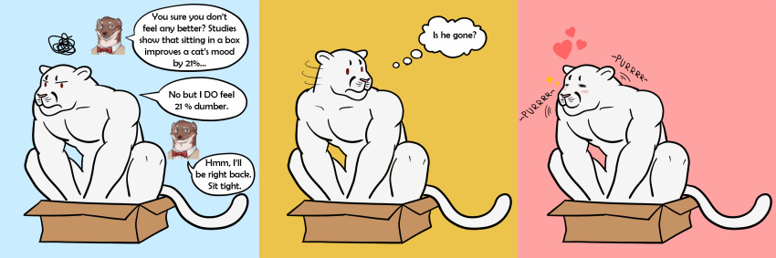 anthro artsywoodpecker biceps blush box cardboard cardboard_box casual_nudity comic container cougar echo_(series) echo_project felid feline fur hi_res male mammal manly muscular muscular_anthro muscular_male nude pantherine pecs samuel_ayers smile solo speech_bubble the_smoke_room visual_novel white_body white_fur