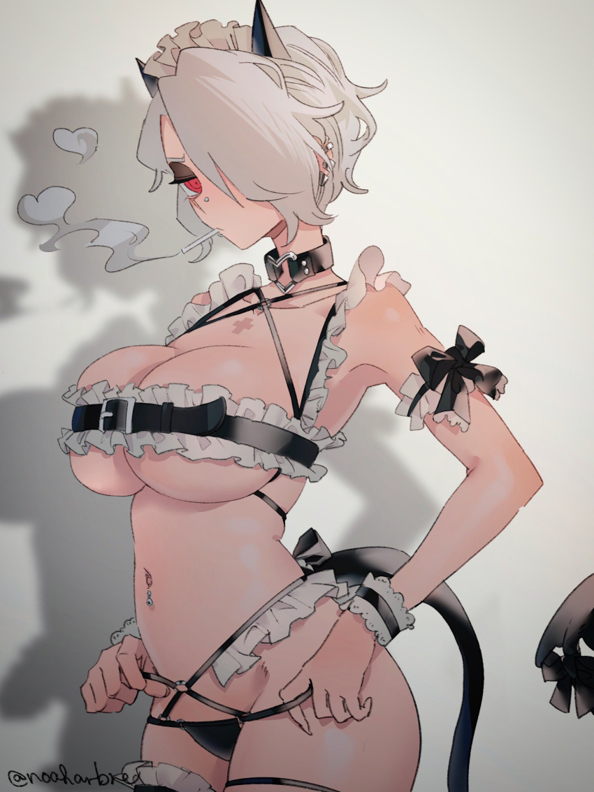 1girl absurdres adjusting_clothes alternate_costume bare_shoulders bikini black_bow black_choker bow breasts choker cigarette cleavage collarbone cowboy_shot demon_girl demon_horns demon_tail enmaided from_side hair_over_one_eye helltaker highres horns large_breasts looking_at_viewer maid maid_bikini maid_headdress navel navel_piercing noah_(tettsui-sole) o-ring piercing red_eyes shiny_skin short_hair smoke smoking swimsuit tail unconventional_maid white_hair zdrada_(helltaker)