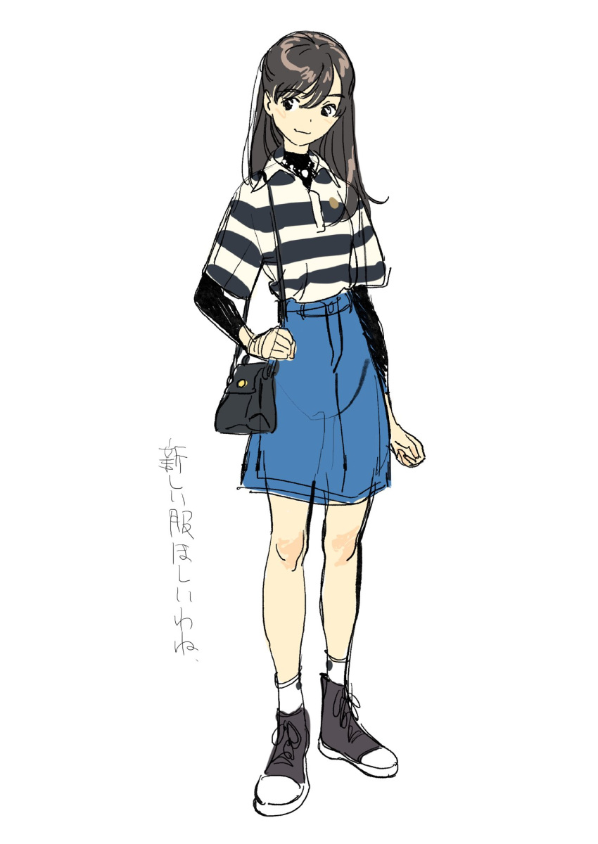 1girl bag black_eyes black_hair denim denim_skirt full_body highres holding holding_bag kariya_(kry_aia) long_hair looking_at_viewer original shirt shoulder_bag simple_background sketch skirt solo standing striped striped_shirt white_background