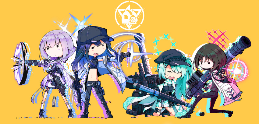 4girls anti-materiel_rifle aqua_hair arius_squad_(blue_archive) assault_rifle atsuko_(blue_archive) backpack bad_source bag baseball_cap belt_pouch black_hair blue_archive blue_hair braid brown_hair bulletproof_vest closed_mouth cz_scorpion_evo_3 denim fim-92_stinger firing gloves gun hair_ornament hairclip halo handgun hat highres hiyori_(blue_archive) hood hood_down hooded_jacket jacket jeans kneeling long_hair low_twin_braids magazine_(weapon) midriff misaki_(blue_archive) multiple_girls navel ntw-20 on_one_knee open_mouth pants pouch purple_hair rifle rocket_launcher saori_(blue_archive) scarf shell_casing shibuya_susano short_hair side_ponytail sig_516 sig_p220/p226 sig_sauer sniper_rifle standing stomach submachine_gun taser toon_(style) torn_clothes torn_jeans torn_pants twin_braids v-shaped_eyebrows very_long_hair weapon white_jacket yellow_background