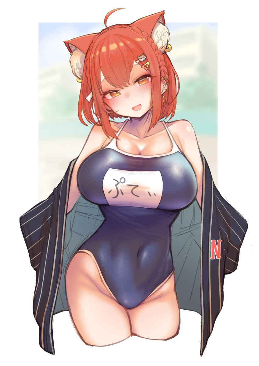 1girl ahoge breasts earrings extra_ears hair_ornament hairclip highres jewelry kagami_uekusa large_breasts long_sleeves name_tag nijisanji open_mouth orange_eyes ratna_petit red_hair red_panda_ears red_panda_girl school_swimsuit short_hair solo swimsuit swimsuit_under_clothes virtual_youtuber