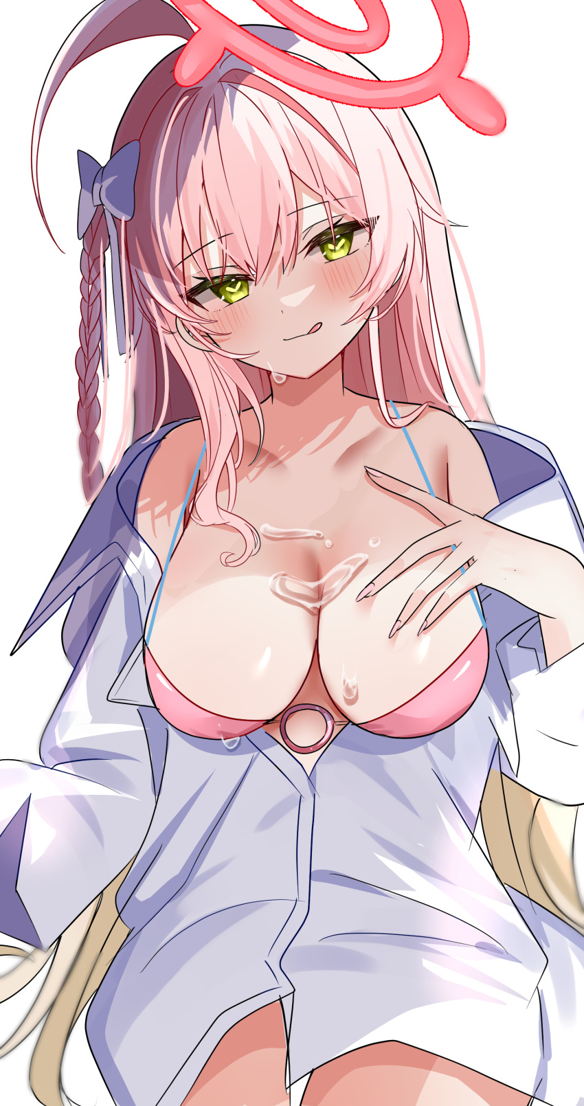 absurdres bare_shoulders blue_archive breasts green_eyes hair_between_eyes hanako_(blue_archive) hanako_(swimsuit)_(blue_archive) highres large_breasts long_hair looking_at_viewer official_alternate_costume pink_hair shirt thighs white_shirt yunomi_(1126js03cono)