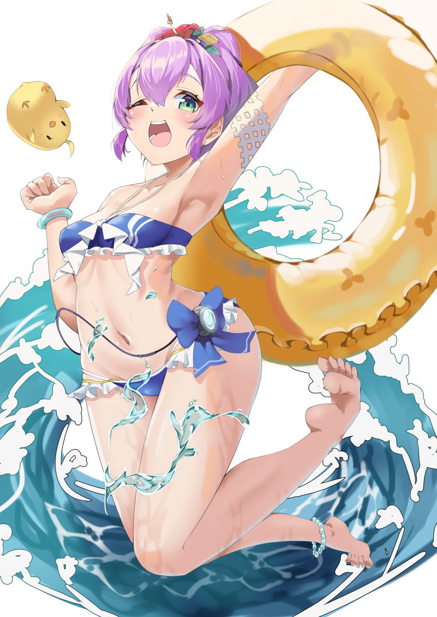 1girl absurdres armpits azur_lane bikini blue_bikini breasts flower frilled_bikini frills green_eyes hair_flower hair_ornament highres holding holding_innertube innertube javelin_(azur_lane) javelin_(beach_picnic!)_(azur_lane) manjuu_(azur_lane) medium_hair nukege_ojisan official_alternate_costume one_eye_closed open_mouth purple_hair red_flower simple_background small_breasts swimsuit teeth upper_teeth_only water waves white_background yellow_innertube