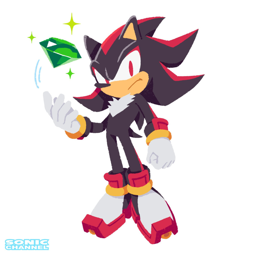 1boy black_fur chaos_emerald closed_mouth furry gloves hedgehog highres official_art red_eyes sega shadow_the_hedgehog shoes solo sonic_(series) sonic_channel white_background white_gloves