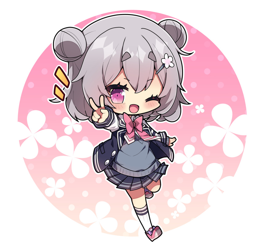 1girl ;d black_jacket black_skirt bow chibi collared_shirt commentary_request double_bun floral_background flower full_body grey_hair hair_between_eyes hair_bun hair_flower hair_ornament hairclip highres jacket koharu_rikka letterman_jacket long_sleeves looking_at_viewer milkpanda notice_lines one_eye_closed open_clothes open_jacket outstretched_arm pink_background pink_bow pink_footwear pleated_skirt purple_eyes ribbed_legwear round_image school_uniform shirt shoes short_eyebrows skirt smile socks solo sweater_vest synthesizer_v thick_eyebrows two-tone_background v white_background white_flower white_shirt white_socks