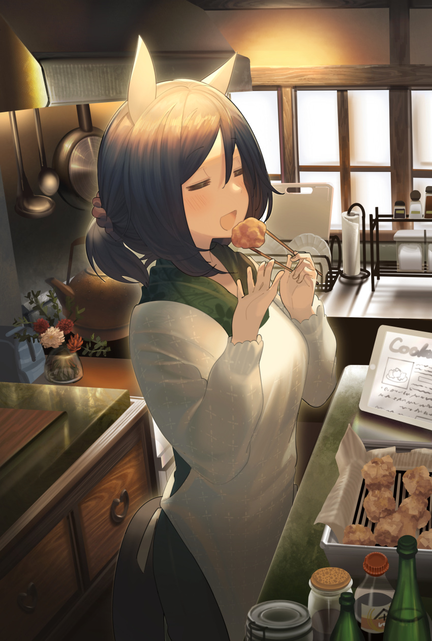 1girl =_= absurdres animal_ears apron ashinowoto black_hair bottle cabinet chopsticks closed_mouth commentary_request eishin_flash_(umamusume) food fried_chicken frying_pan hands_up highres holding holding_chopsticks horse_ears horse_girl horse_tail indoors jar kappougi kettle kitchen ladle medium_hair open_mouth paper plate short_ponytail solo standing swept_bangs tail umamusume window