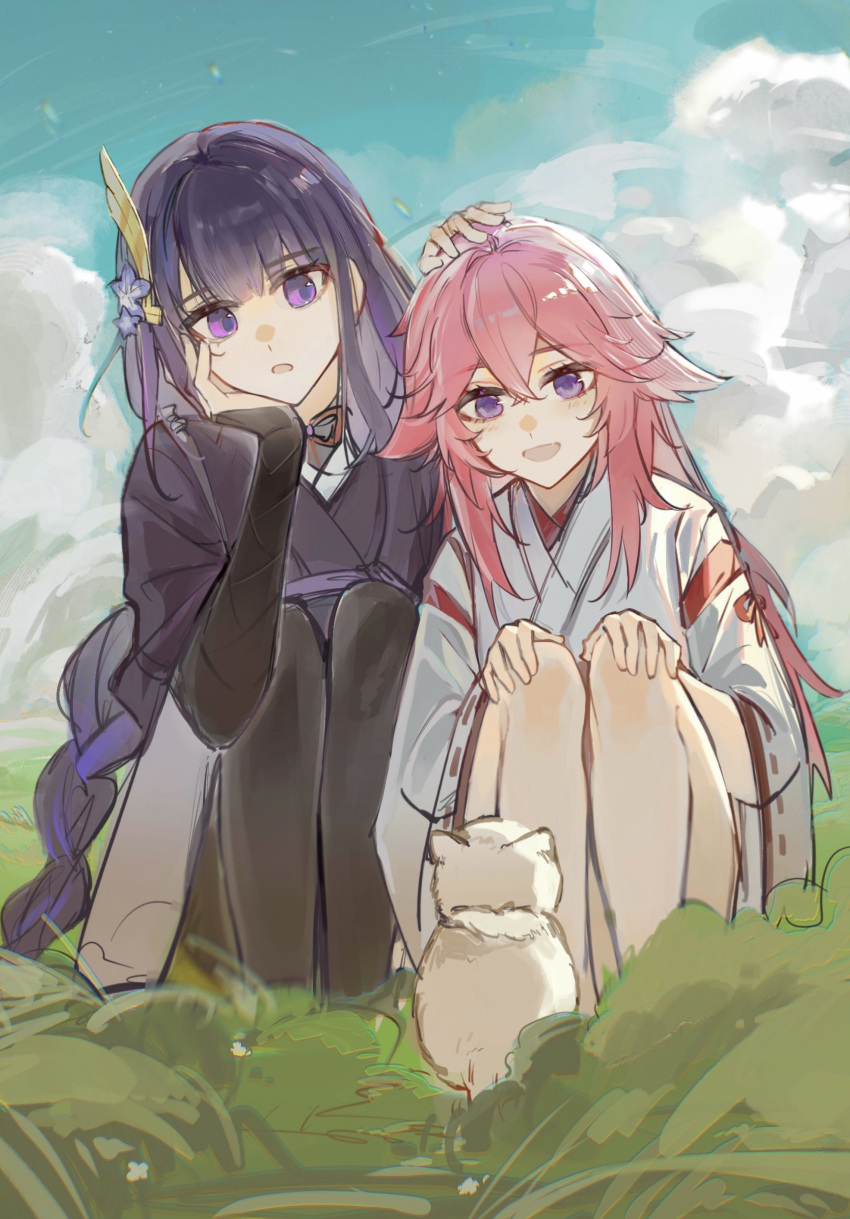 2girls absurdres age_difference animal animal_ears bare_legs blunt_bangs braid cloud cloudy_sky genshin_impact hair_between_eyes hair_ornament hand_on_another's_head hand_on_own_face hand_on_own_knee highres japanese_clothes kis7908992 long_hair looking_at_animal looking_down multiple_girls on_grass open_mouth outdoors pink_hair purple_eyes purple_hair raiden_shogun single_braid sitting sky yae_miko yuri