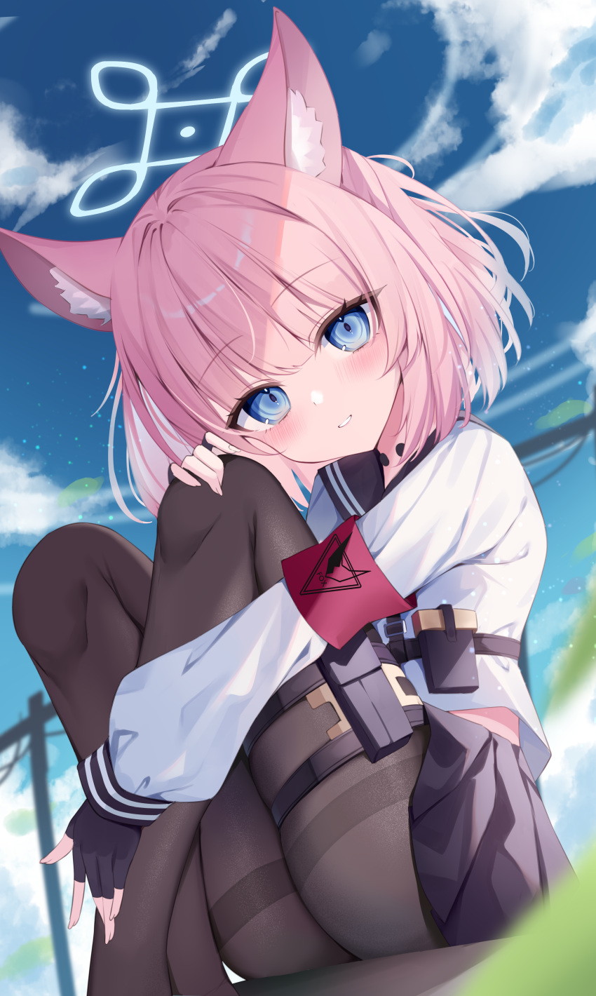 1girl absurdres animal_ear_fluff animal_ears ass black_gloves black_pantyhose black_sailor_collar black_skirt blue_archive blue_eyes blue_halo blue_sky blush commentary_request feet_out_of_frame fingerless_gloves fox_ears fox_girl gloves gou_213 halo hand_on_own_knee head_tilt highres holding_legs holster knees_up long_sleeves looking_at_viewer miniskirt niko_(blue_archive) outdoors pantyhose parted_lips pink_hair pleated_skirt puffy_long_sleeves puffy_sleeves red_armband sailor_collar sailor_shirt shirt short_hair sitting skirt sky smile solo teeth thigh_holster thighband_pantyhose white_shirt