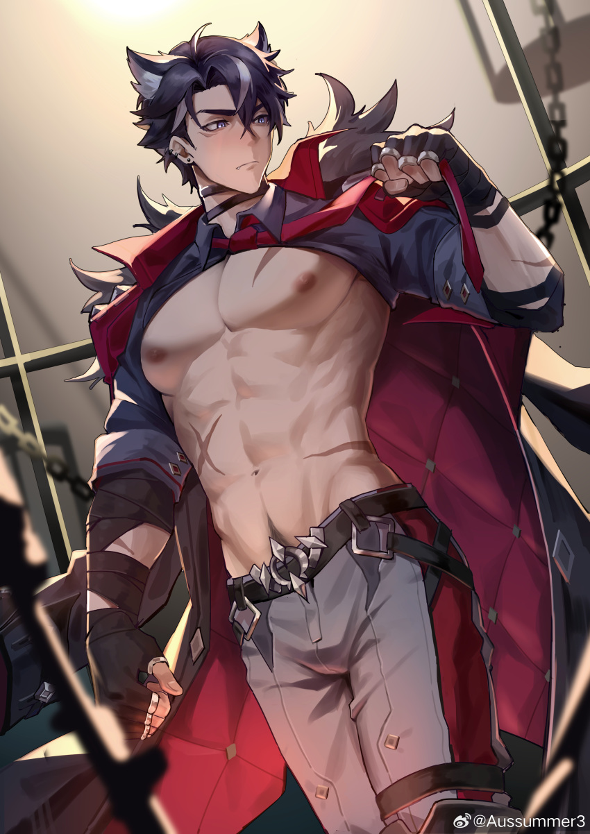 1boy abs absurdres aussummer bara bare_pectorals black_gloves black_hair bulge closed_mouth coat fingerless_gloves genshin_impact gloves hair_between_eyes highres large_pectorals male_focus multicolored_hair muscular muscular_male navel navel_hair necktie nipples pectorals red_necktie scar short_hair solo stomach streaked_hair v-taper wriothesley_(genshin_impact)
