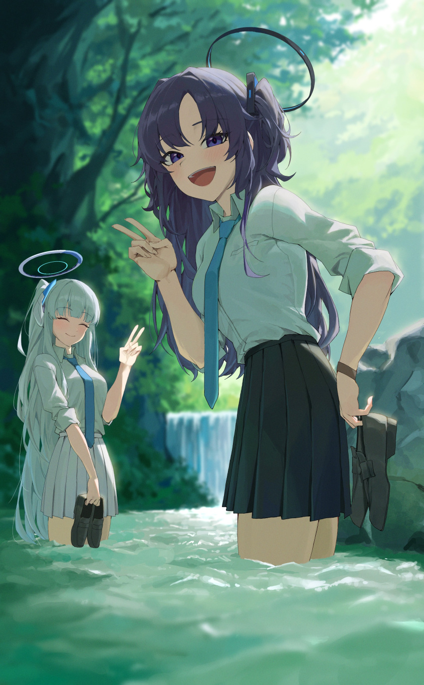2girls :d ^_^ absurdres alternate_hairstyle backlighting black_skirt blue_archive blunt_bangs blurry closed_eyes collared_shirt commentary_request depth_of_field forest hairband hand_on_own_hip headgear highres in_water leaning_forward long_hair looking_at_viewer multiple_girls nature noa_(blue_archive) outdoors parted_bangs pleated_skirt ponytail purple_eyes purple_hair river school_uniform shirt sidelocks skirt sleeves_rolled_up smile summer_uniform tai_saka triangle_hair_ornament two_side_up v water waterfall white_hair white_shirt white_skirt yuuka_(blue_archive)