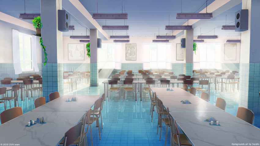 3d canteen ceiling ceiling_light chair curtains highres indoors interior morning napkin_holder no_humans original pepper_shaker plant poster_(object) potted_plant salt_shaker scenery shadow speaker sunlight surafin tile_floor tiles vines window window_shade