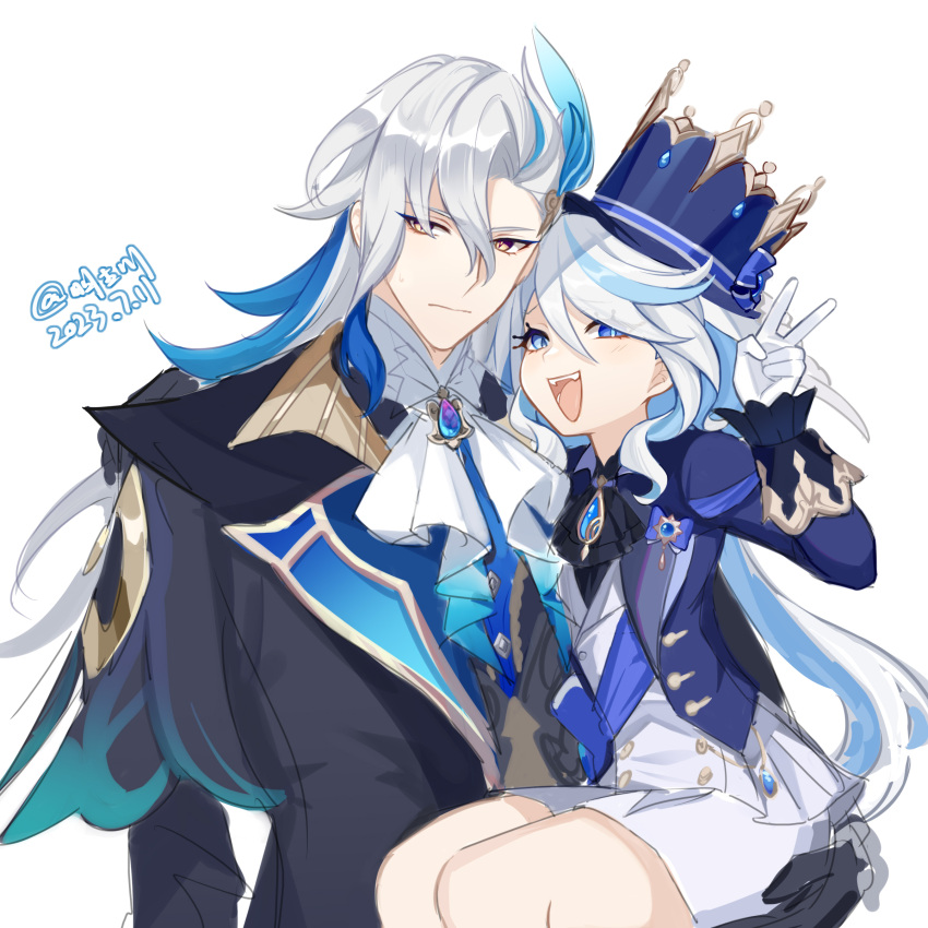 1boy 1girl :d absurdres ascot blue_hair blue_headwear blue_jacket brooch commentary_request furina_(genshin_impact) genshin_impact hat highres jacket jewelry long_hair long_sleeves looking_at_viewer mingguchuanjiuchong multicolored_hair neuvillette_(genshin_impact) open_mouth shorts simple_background smile top_hat upper_body very_long_hair white_ascot white_background white_hair white_shorts yellow_eyes