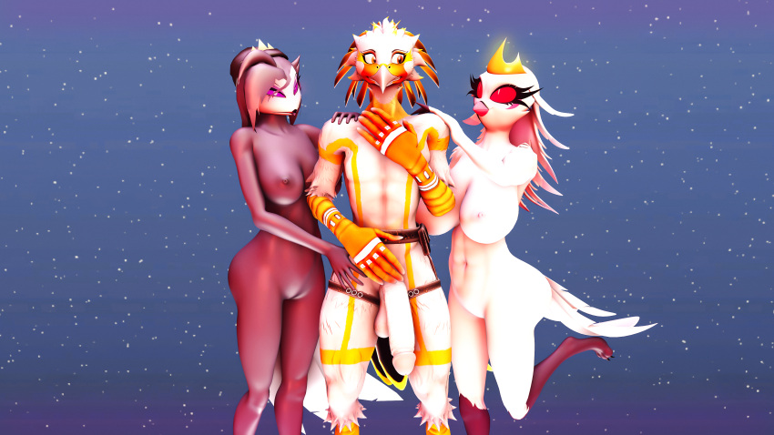 16:9 3d_(artwork) absurd_res avian big_breasts bird breasts butt clothing crown demon digital_media_(artwork) faraday_(warfaremachine) feathers female genitals gomifox group group_sex hair headgear headwear helluva_boss hi_res huge_breasts male nipples nude octavia_(helluva_boss) owl owl_demon penis pussy red_eyes sex simple_background smile source_filmmaker stella_(helluva_boss) threesome trio white_body widescreen